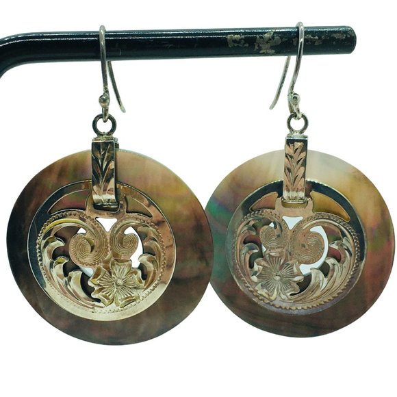 Abalone Shell Earrings Sterling Silver Etched Dangle Pierced Merav Mexico 925 - Picture 2 of 9